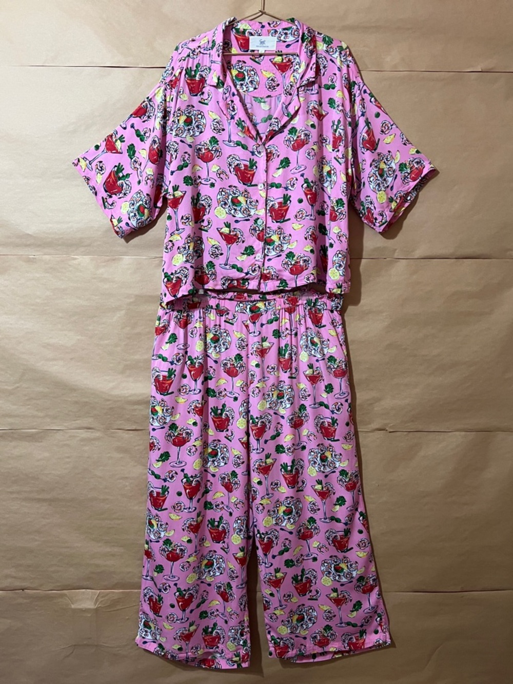 PrintFresh Wildest Dreams Set Shrimp Cocktail Pajamas Top & Wide Leg Pant Size L